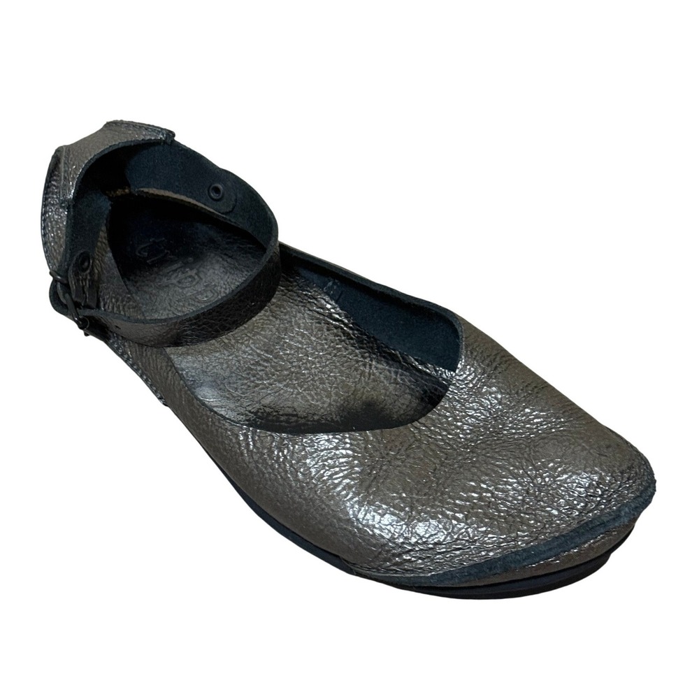 Trippen Women Mary Jane Flats 6 Pewter Metallic Leather Ankle Strap Lagenlook